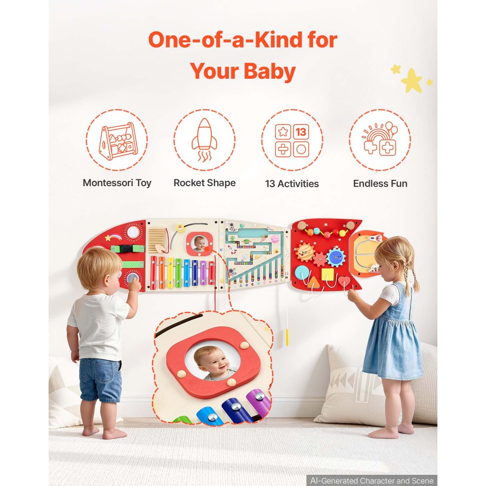 VEVOR Wall Busy Board, 13-in-1 Rocket Montessori Sensory Activity Panels, Learning Activity Center for Daycare, Classroom, Playroom, and Home, Sturdy Wooden Educational Toys, with Mounting Hardware
