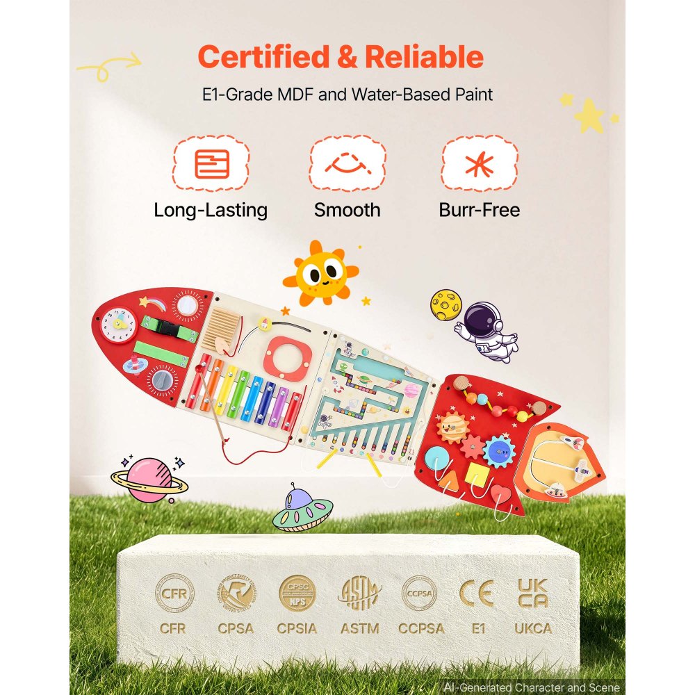 VEVOR Wall Busy Board, 13-in-1 Rocket Montessori Sensory Activity Panels, Learning Activity Center for Daycare, Classroom, Playroom, and Home, Sturdy Wooden Educational Toys, with Mounting Hardware