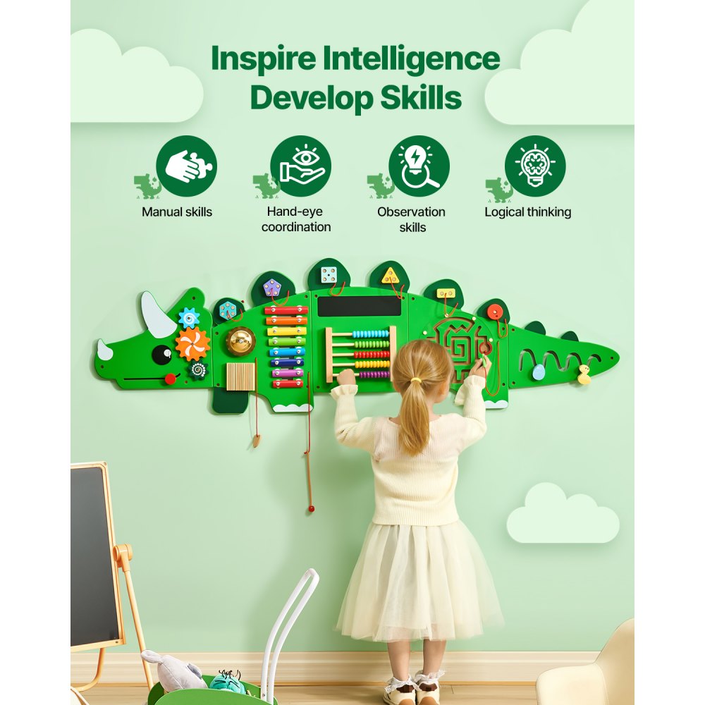 VEVOR Dinosaur Activity Wall Busy Board Panels, 11 Activities, Montessori Sensory Wall Toy for Kids 3-12 Years, Montessori Learning Activity Center, Ideal for Toddler Playroom Nursery Classroom