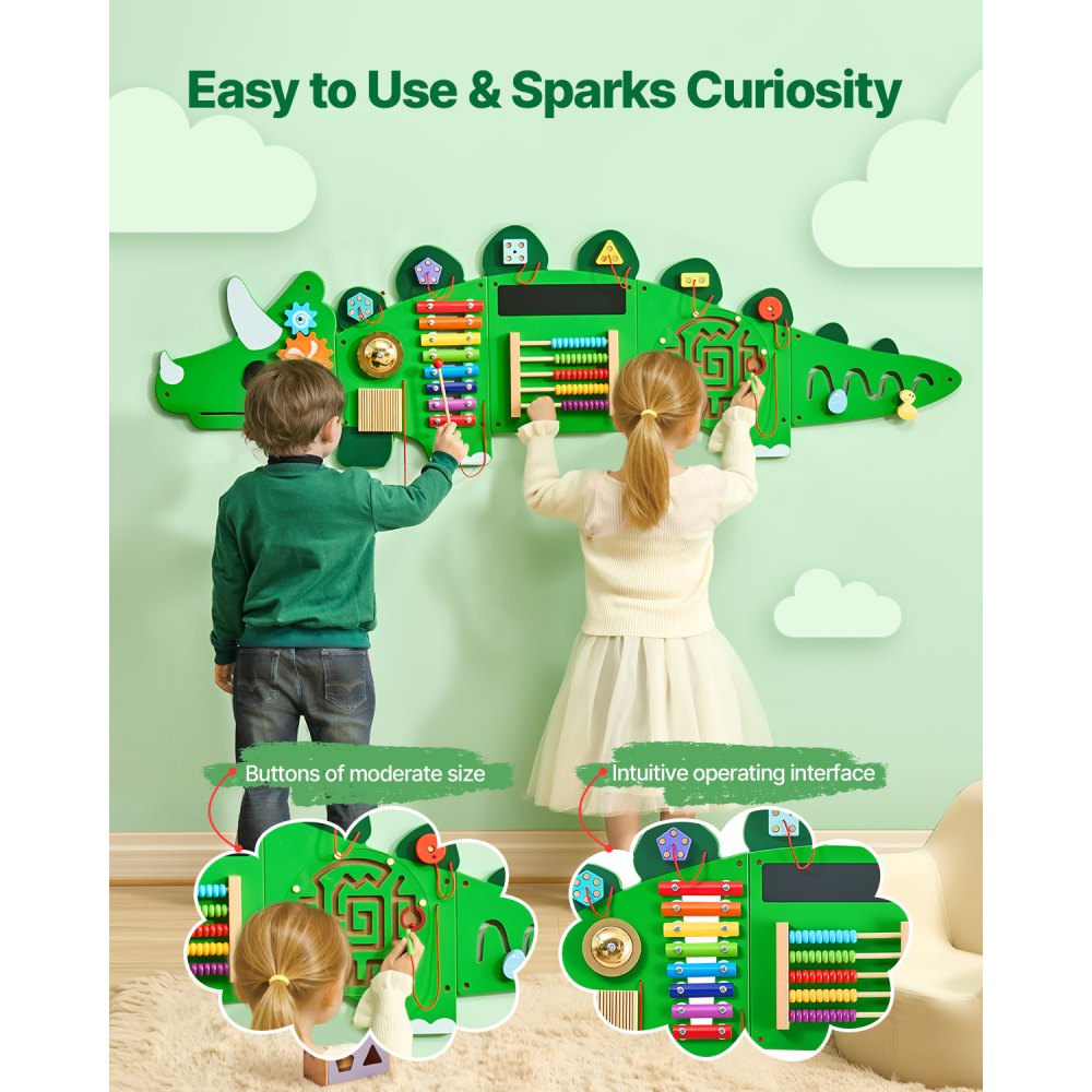VEVOR Dinosaur Activity Wall Busy Board Panels, 11 Activities, Montessori Sensory Wall Toy for Kids 3-12 Years, Montessori Learning Activity Center, Ideal for Toddler Playroom Nursery Classroom