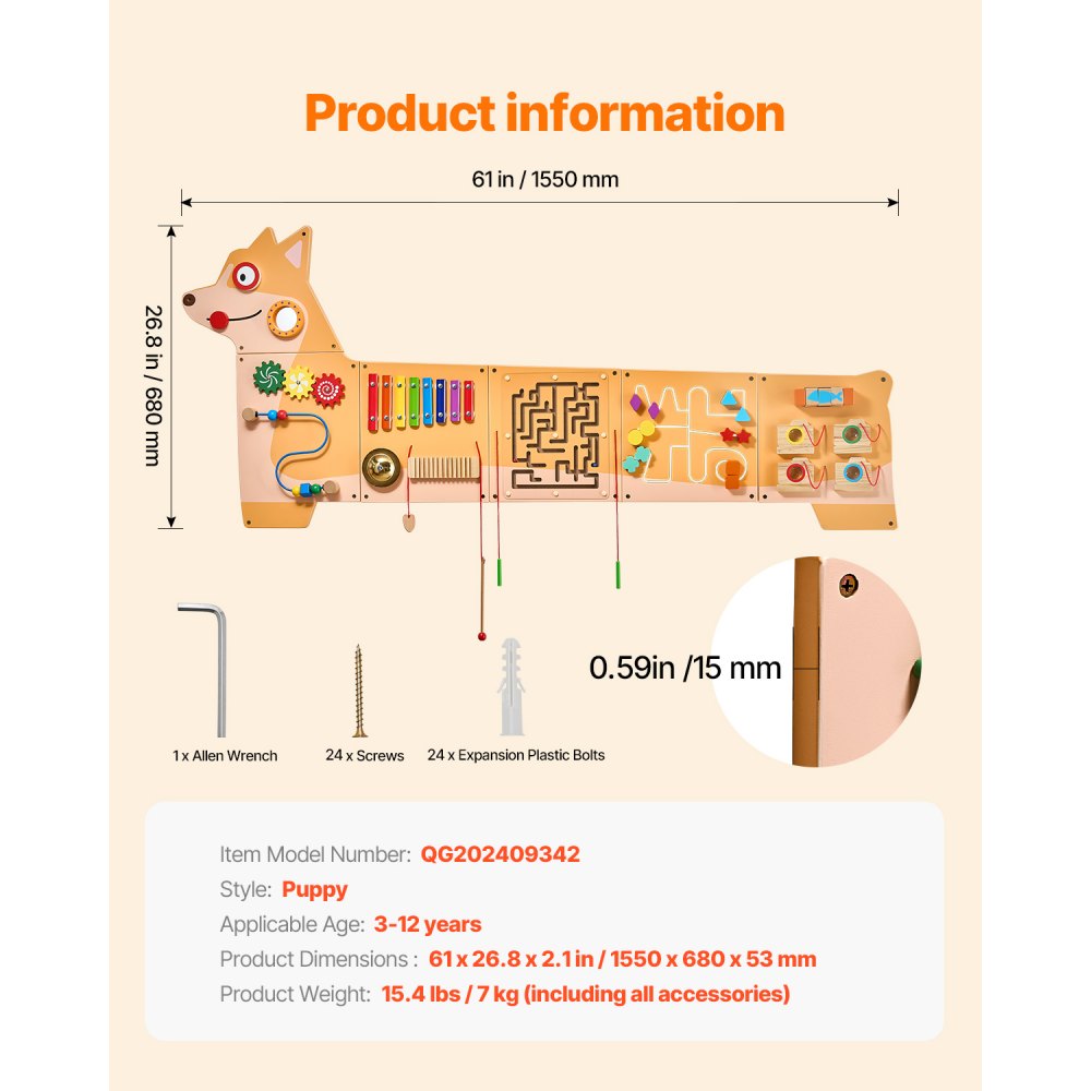 VEVOR Puppy Activity Wall Busy Board Panels, 12 Activities, Montessori Sensory Wall Toy for Kids 3-12 Years, Montessori Learning Activity Center, Ideal for Toddler Playroom Nursery Classroom
