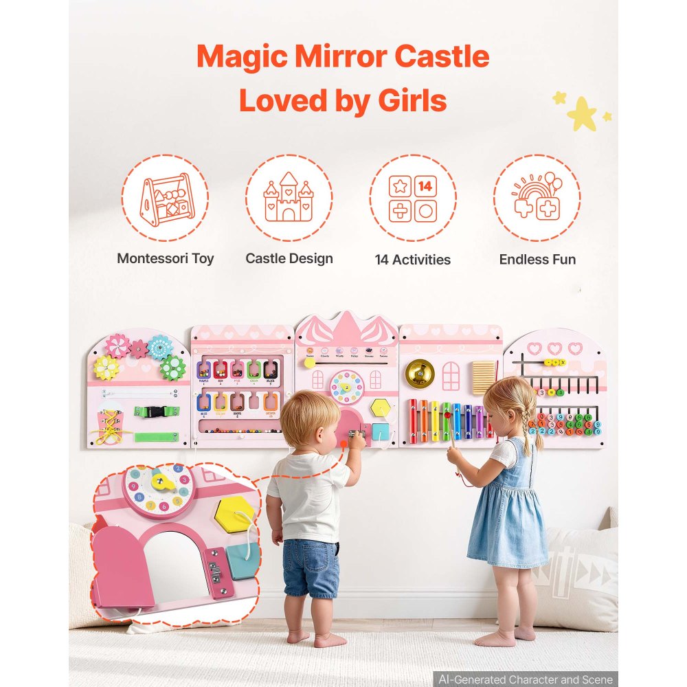 VEVOR Wall Busy Board, 14-in-1 Castle Montessori Sensory Activity Panels, Learning Activity Center for Daycare, Classroom, Playroom, and Home, Sturdy Wooden Educational Toys, with Mounting Hardware