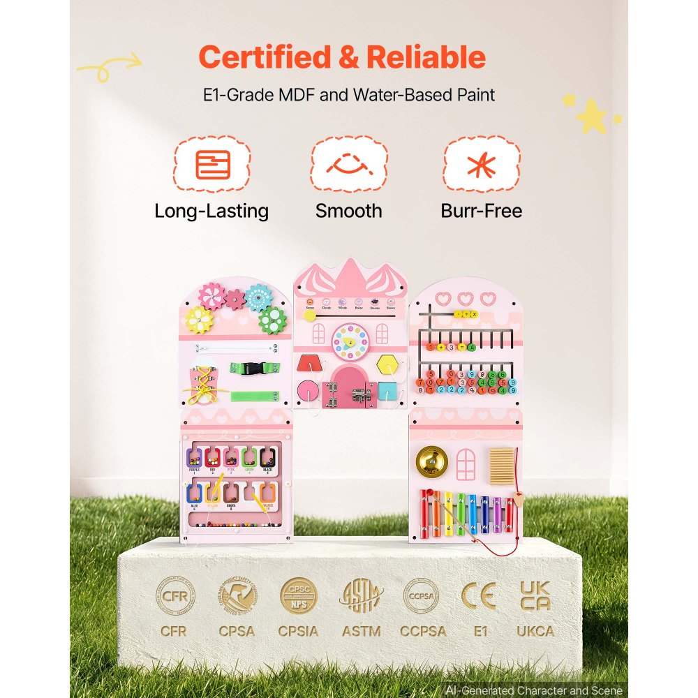 VEVOR Wall Busy Board, 14-in-1 Castle Montessori Sensory Activity Panels, Learning Activity Center for Daycare, Classroom, Playroom, and Home, Sturdy Wooden Educational Toys, with Mounting Hardware