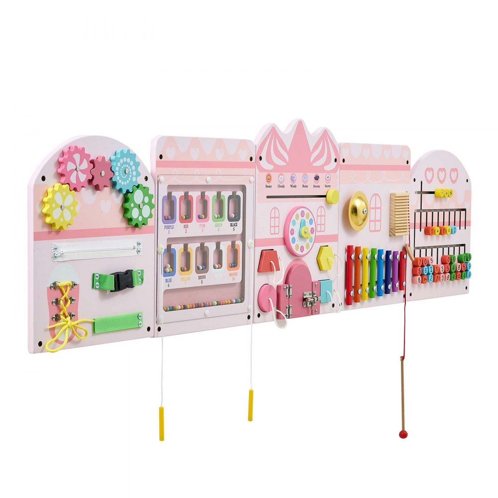 VEVOR Wall Busy Board, 14-in-1 Castle Montessori Sensory Activity Panels, Learning Activity Center for Daycare, Classroom, Playroom, and Home, Sturdy Wooden Educational Toys, with Mounting Hardware