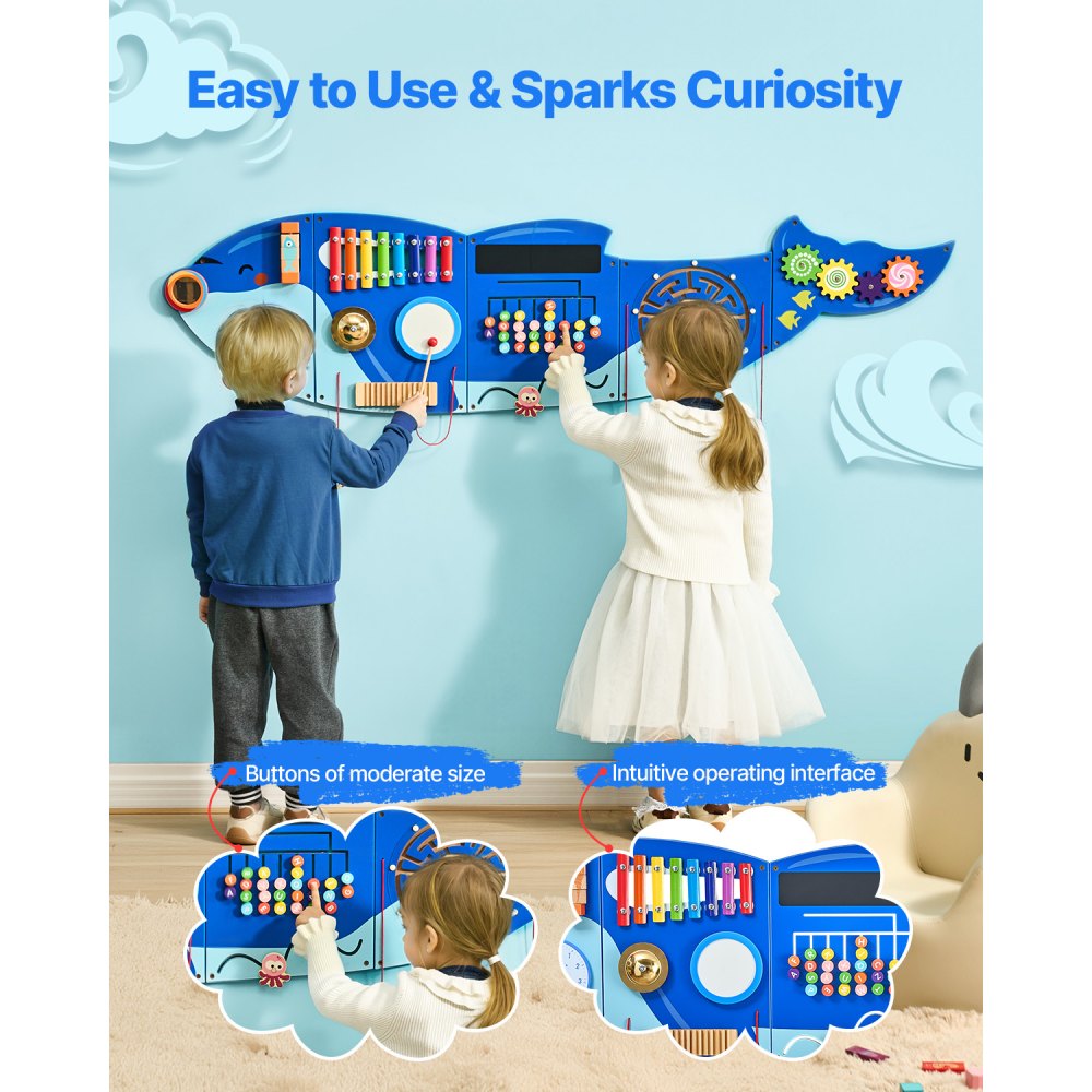 VEVOR Orca Activity Wall Busy Board Panels, 12 Activities, Montessori Sensory Wall Toy for Kids 3-12 Years, Montessori Learning Activity Center, Ideal for Toddler Playroom Nursery Classroom