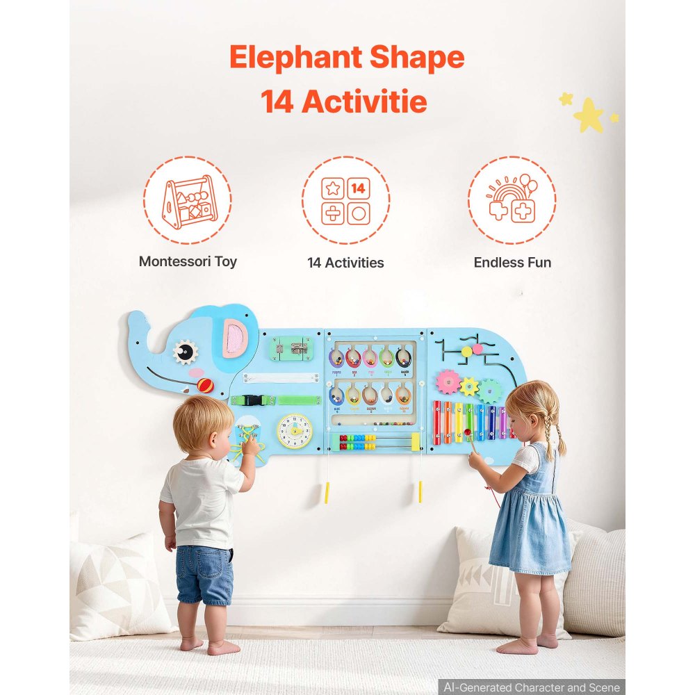 VEVOR Wall Busy Board, 14-in-1 Elephant Montessori Sensory Activity Panels, Learning Activity Center for Daycare, Classroom, Playroom, and Home, Sturdy Wooden Educational Toys, with Mounting Hardware