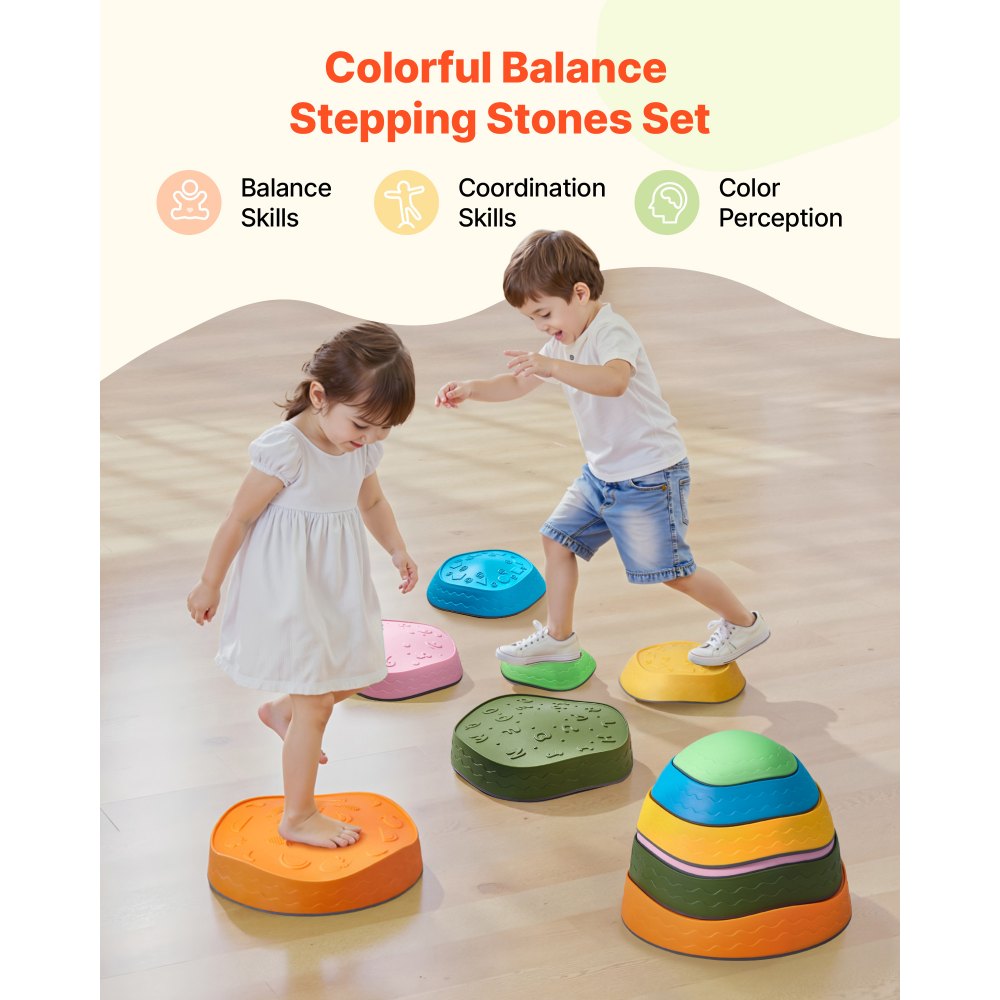 VEVOR Balance Stepping Stones for Kids, 6 PCS, Up to 220 lbs, Non-Slip Toddlers Sensory Stepping Stones, Obstacle Course Coordination Game Toys Indoor or Outdoor Play for Children Aged 3 4 5 6 7 8+