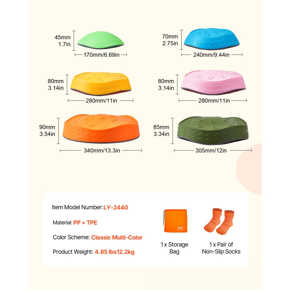 VEVOR Balance Stepping Stones for Kids, 6 PCS, Up to 220 lbs, Non-Slip Toddlers Sensory Stepping Stones, Obstacle Course Coordination Game Toys Indoor or Outdoor Play for Children Aged 3 4 5 6 7 8+