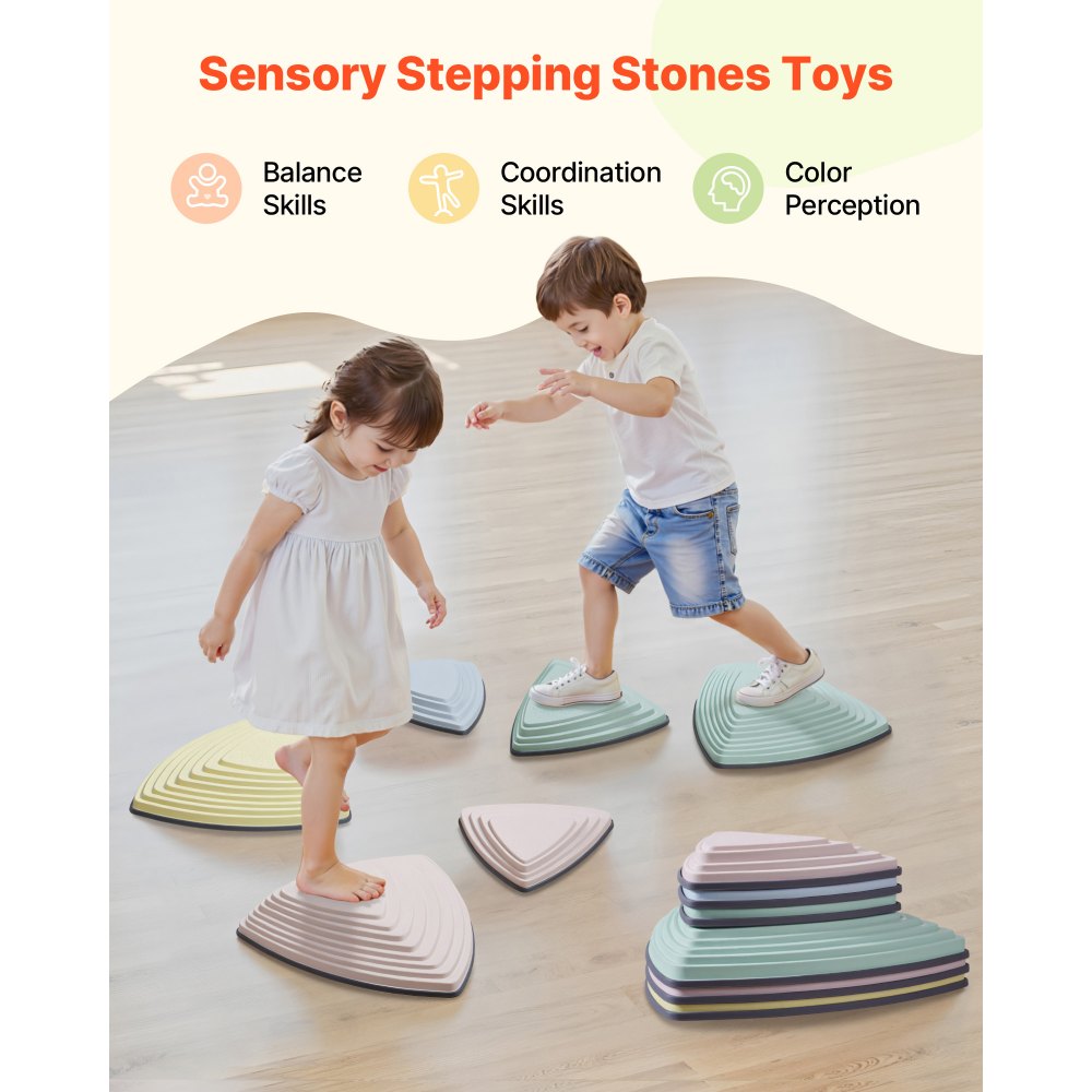 VEVOR Balance Stepping Stones for Kids, 6 PCS, Up to 220 lbs, Non-Slip Toddlers Sensory Stepping Stones, Obstacle Course Coordination Game Toys Indoor or Outdoor Play for Children Aged 3 4 5 6 7 8+