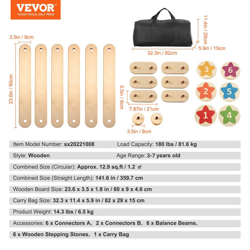 VEVOR Balance Beam Stepping Stones, 6 PCS Wooden Toddler Balance Boards, Montessori Toy for Kids 2-6, Build Coordination and Gross Motor Skills, Gymnastics Course Indoor & Outdoor for Girls Boys Gift