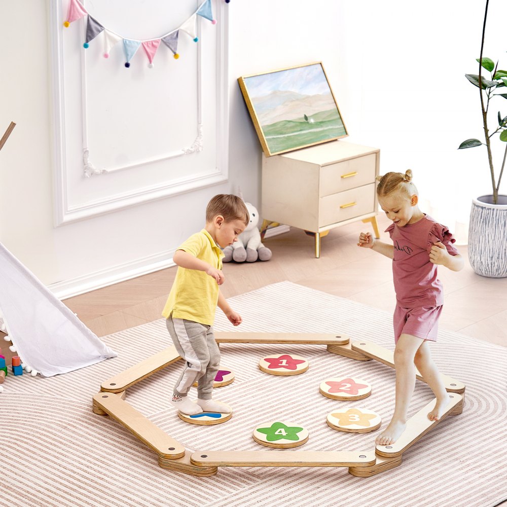 VEVOR Balance Beam Stepping Stones, 6 PCS Wooden Toddler Balance Boards, Montessori Toy for Kids 2-6, Build Coordination and Gross Motor Skills, Gymnastics Course Indoor & Outdoor for Girls Boys Gift