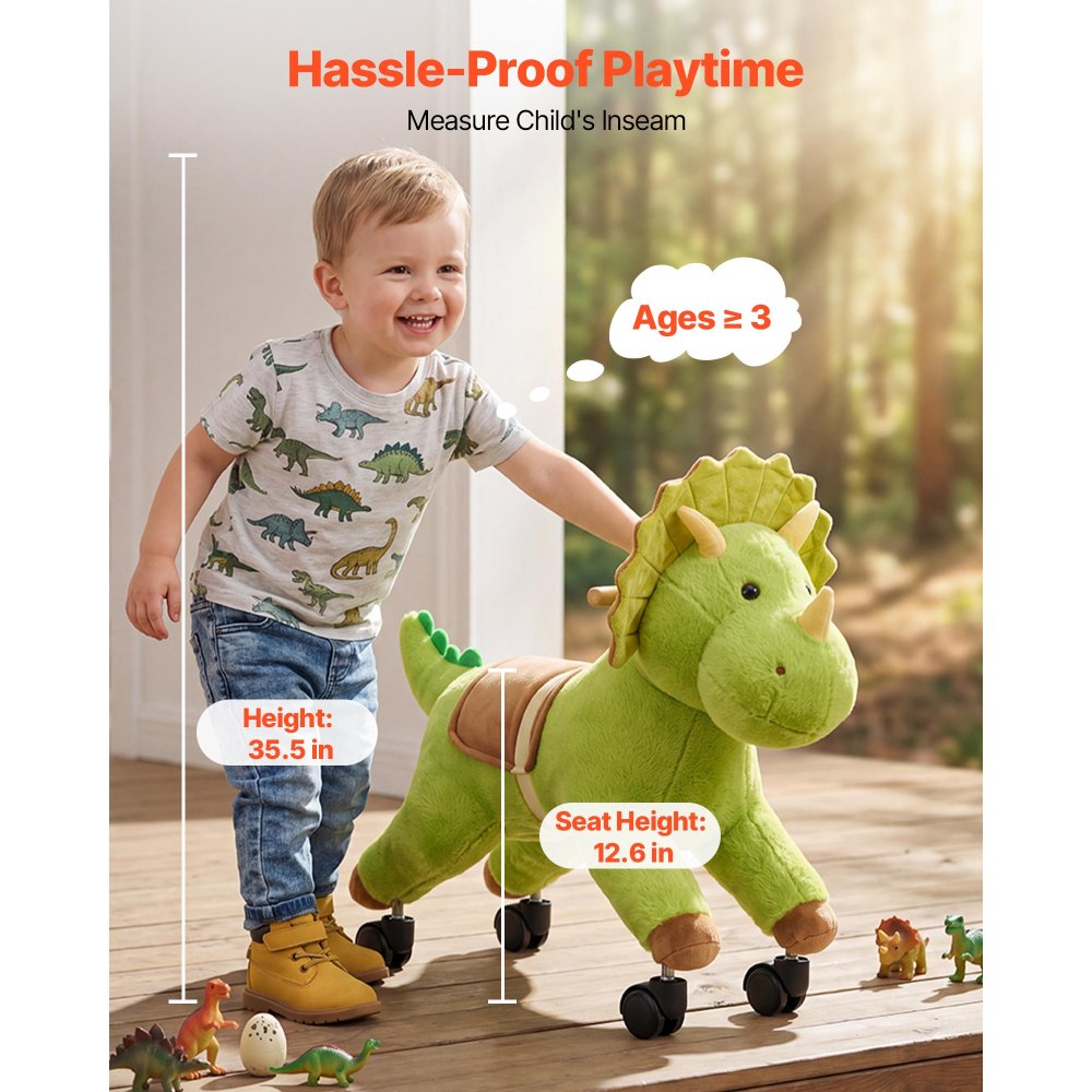 VEVOR Ride On Horse, Riding Dinosaur Toys for Kids, Features Lifelike Dinosaur Roars, No Battery Required, 360-Degree Flexible Smooth Wheels, Soft Seat, 88 lbs Max Load Capacity for Toddlers Ages 3+
