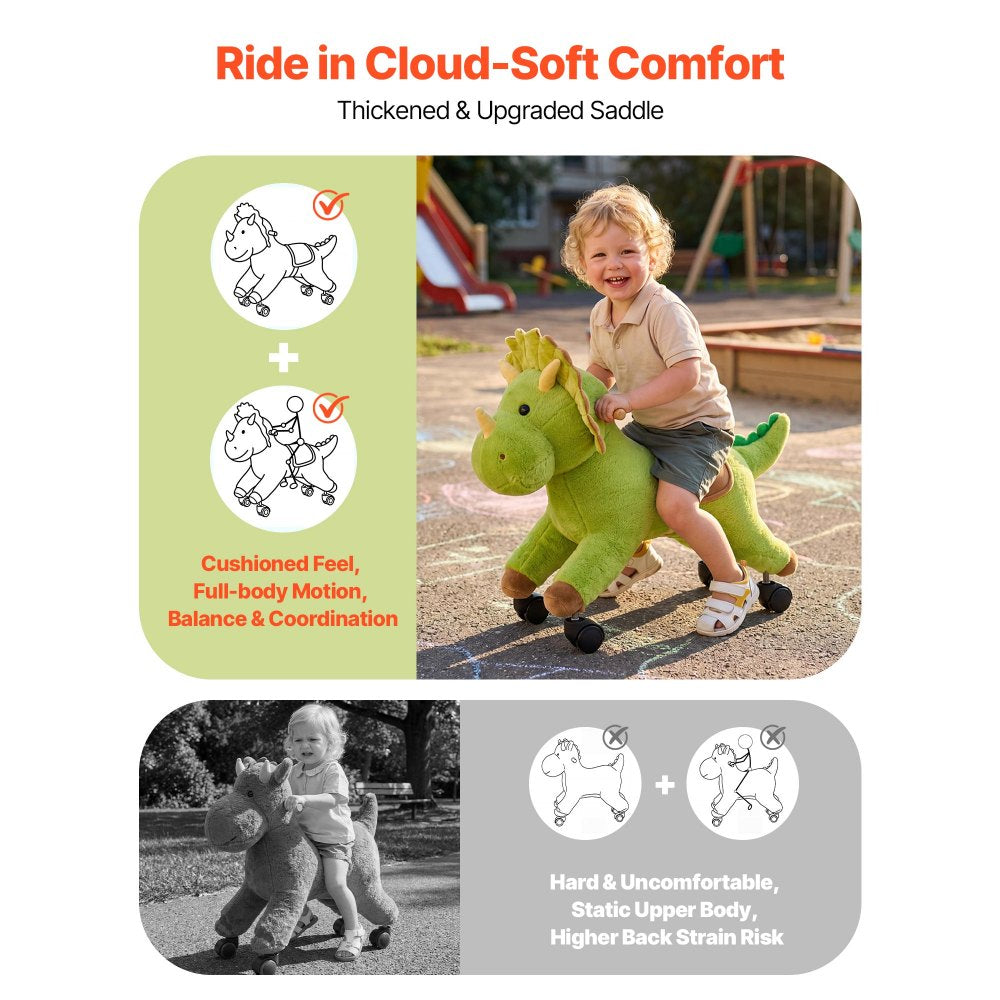 VEVOR Ride On Horse, Riding Dinosaur Toys for Kids, Features Lifelike Dinosaur Roars, No Battery Required, 360-Degree Flexible Smooth Wheels, Soft Seat, 88 lbs Max Load Capacity for Toddlers Ages 3+