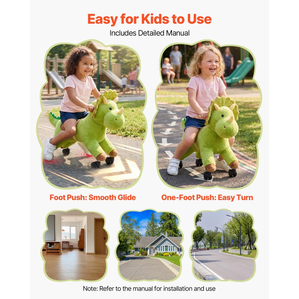 VEVOR Ride On Horse, Riding Dinosaur Toys for Kids, Features Lifelike Dinosaur Roars, No Battery Required, 360-Degree Flexible Smooth Wheels, Soft Seat, 88 lbs Max Load Capacity for Toddlers Ages 3+