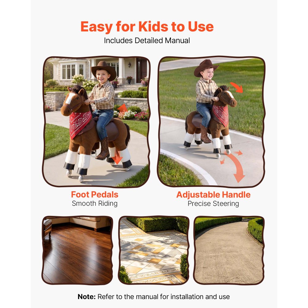 VEVOR Ride On Horse, Riding Pony Toys for Kids, No Battery Required, Smooth Wheels with Anti-Roll Stop Ring, Upgraded Raised Seat, Handles, Sturdy Pedals, 176 lbs Max Load Capacity for Ages 6+