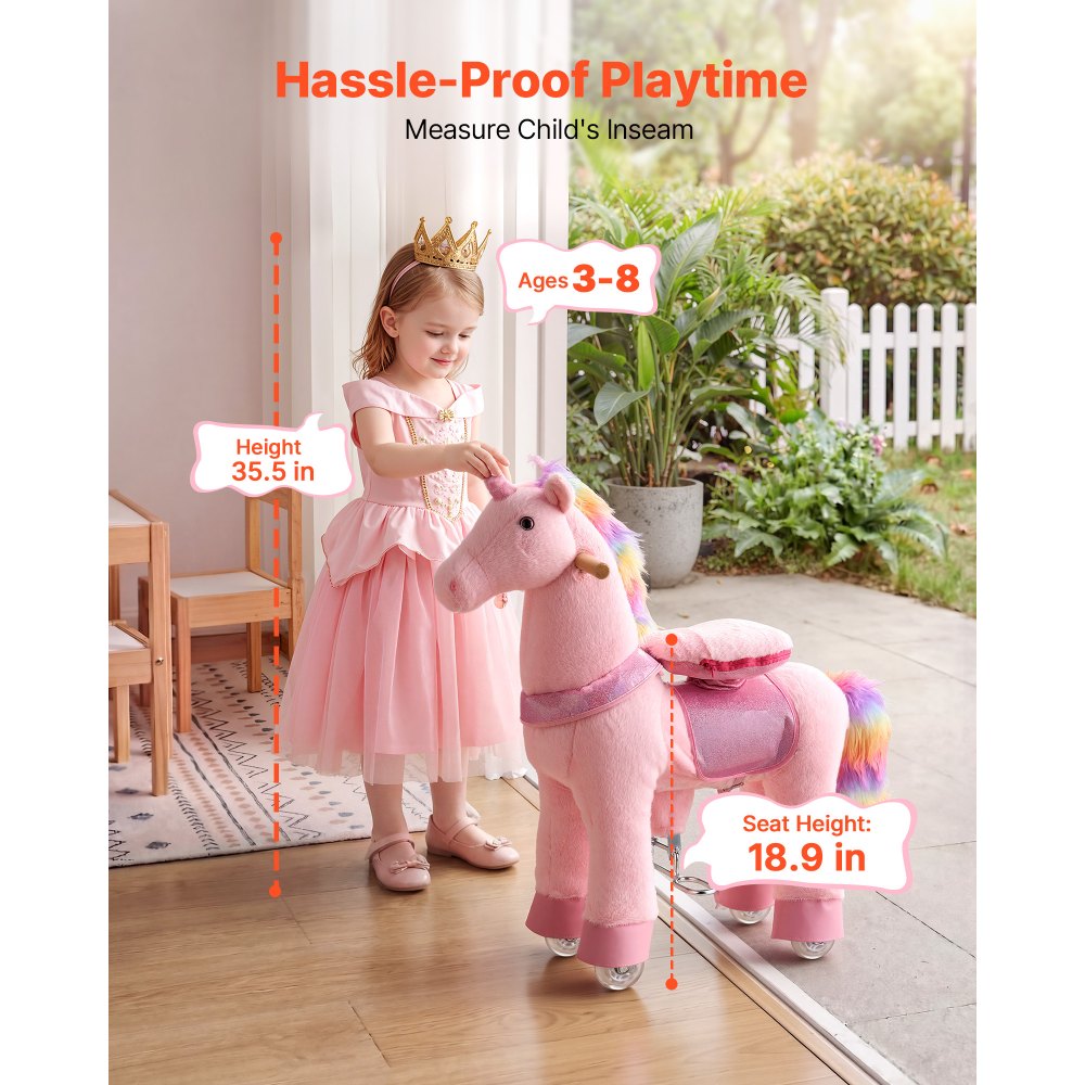 VEVOR Ride On Horse, Riding Pink Unicorn Toys for Kids, No Battery Required, Smooth Wheels with Anti-Roll Stop Ring, Upgraded Raised Seat, Handles, Pedals, 110 lbs Max Load Capacity for Ages 3-8
