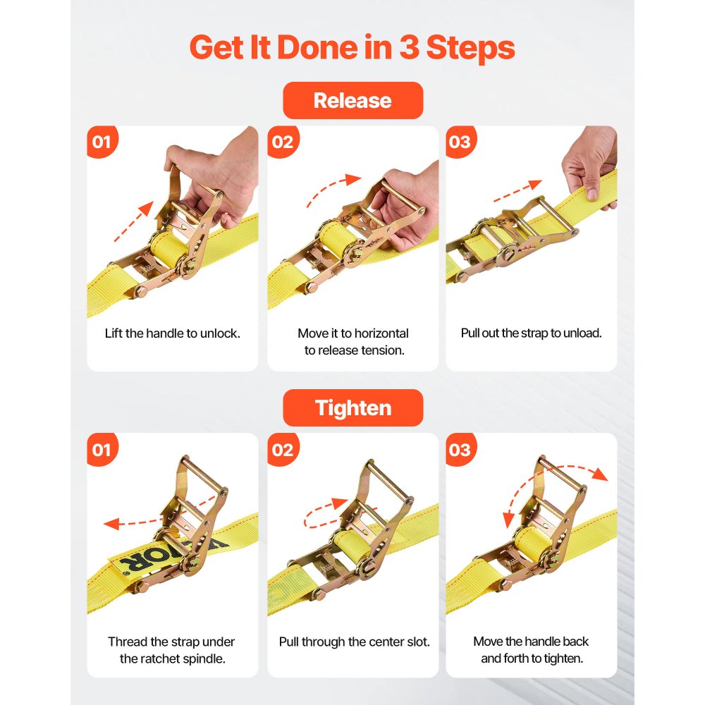 VEVOR Ratchet Straps, 2 in x 15 ft, 30 Pack E-Track Tie Down Straps, 4400 lbs Break Strength & 1460 lbs Rated Load, Tie Down Ratcheting for Moving, Trailers, Motorcycles, Kayaks, Car Roof, Yellow