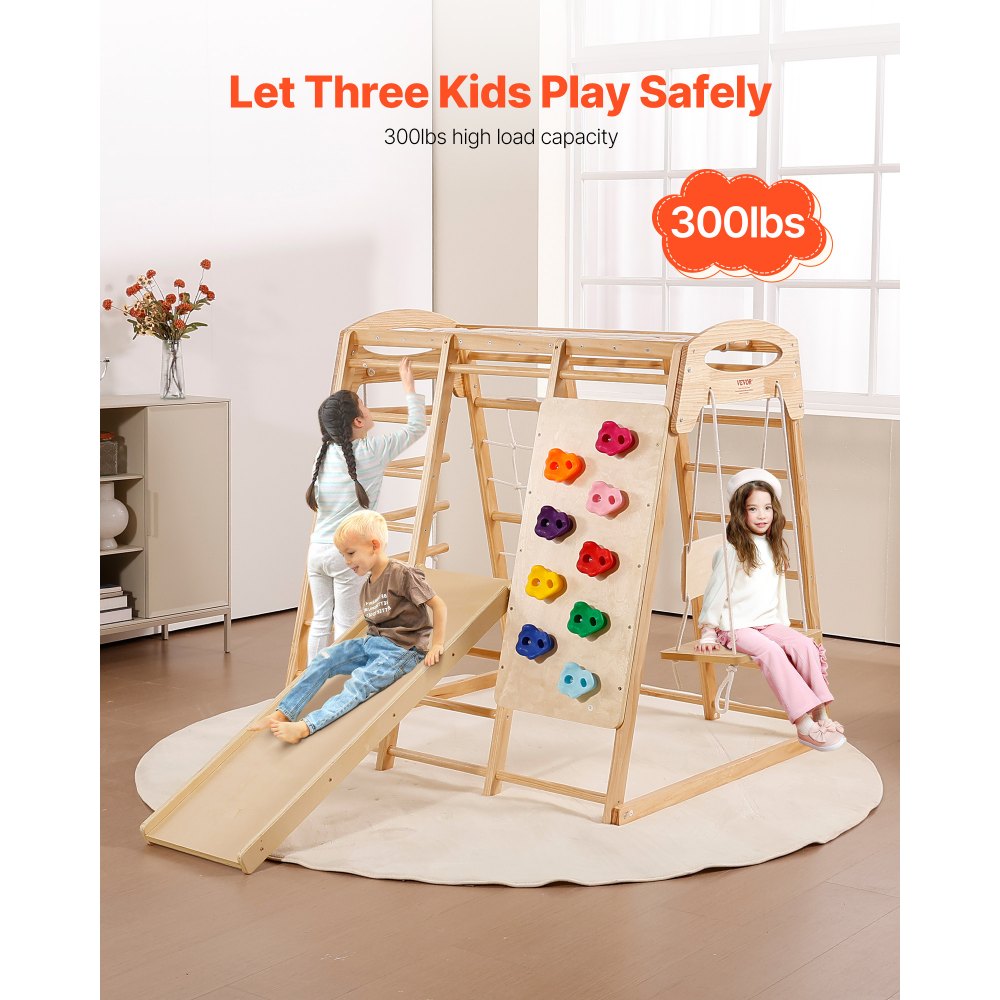 VEVOR Indoor Jungle Gym, 7-in-1 Toddler Indoor Playground, 47.2 x 58 x 56 inch, with Wood and Rope Ladder, Net Ladder, Swing, Monkey Bar, Slide, Climbing Wall, Wooden Indoor Climbing Toys for Kids