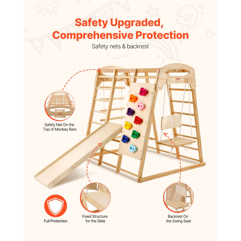 VEVOR Indoor Jungle Gym, 7-in-1 Toddler Indoor Playground, 47.2 x 58 x 56 inch, with Wood and Rope Ladder, Net Ladder, Swing, Monkey Bar, Slide, Climbing Wall, Wooden Indoor Climbing Toys for Kids