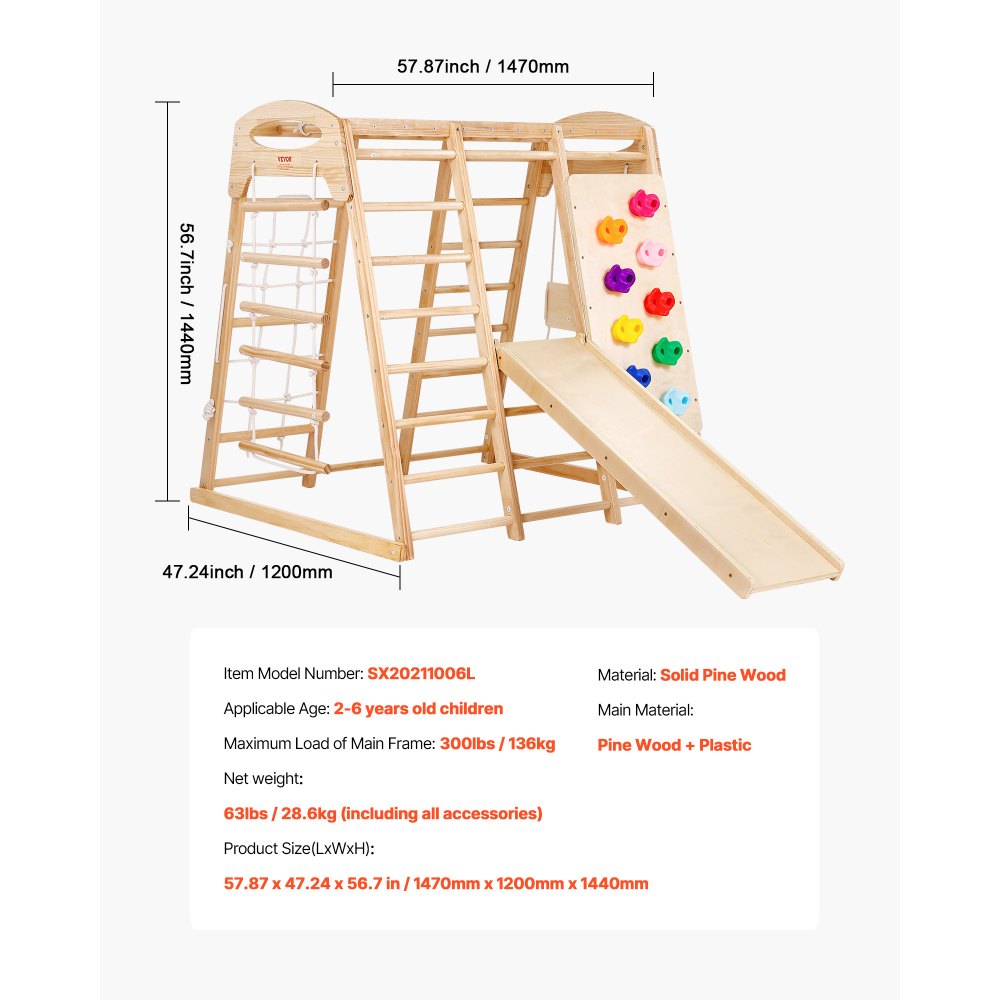 VEVOR Indoor Jungle Gym, 7-in-1 Toddler Indoor Playground, 47.2 x 58 x 56 inch, with Wood and Rope Ladder, Net Ladder, Swing, Monkey Bar, Slide, Climbing Wall, Wooden Indoor Climbing Toys for Kids