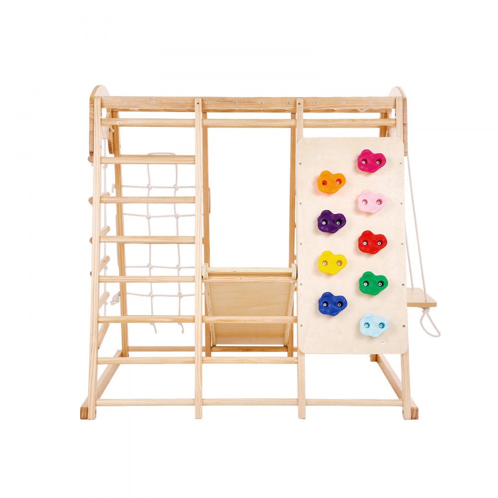 VEVOR Indoor Jungle Gym, 7-in-1 Toddler Indoor Playground, 47.2 x 58 x 56 inch, with Wood and Rope Ladder, Net Ladder, Swing, Monkey Bar, Slide, Climbing Wall, Wooden Indoor Climbing Toys for Kids