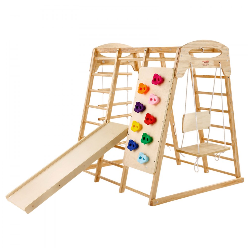 VEVOR Indoor Jungle Gym, 7-in-1 Toddler Indoor Playground, 47.2 x 58 x 56 inch, with Wood and Rope Ladder, Net Ladder, Swing, Monkey Bar, Slide, Climbing Wall, Wooden Indoor Climbing Toys for Kids