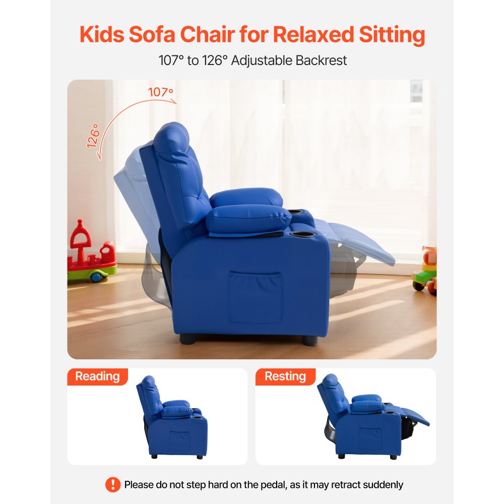VEVOR Kids Reclining Chair, Toddler Recliner with 2 Cup Holders and 4 Pockets, 107° to 126° Adjustable Back, Easy-to-Clean PU Leather Recliner Couch with Footrest, for Boys, Girls & Children (Blue)
