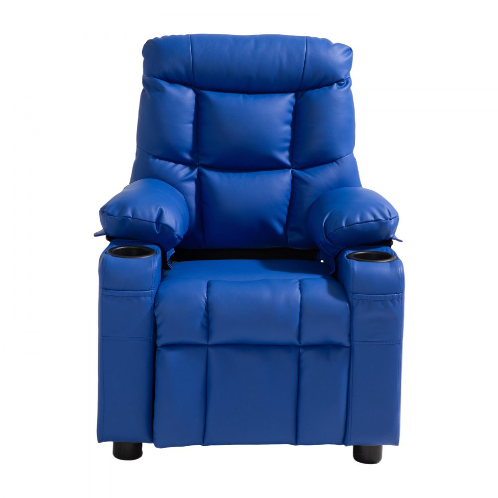 VEVOR Kids Reclining Chair, Toddler Recliner with 2 Cup Holders and 4 Pockets, 107° to 126° Adjustable Back, Easy-to-Clean PU Leather Recliner Couch with Footrest, for Boys, Girls & Children (Blue)