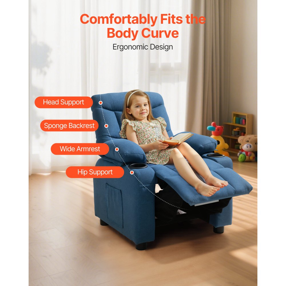 VEVOR Kids Reclining Chair, Toddler Recliner with Cup Holders and Pockets, 107° to 126° Adjustable Backrest, Breathable Polyester Fabric Recliner Couch with Footrest, for Boys & Girls, Children(Blue)
