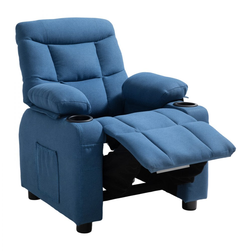 VEVOR Kids Reclining Chair, Toddler Recliner with Cup Holders and Pockets, 107° to 126° Adjustable Backrest, Breathable Polyester Fabric Recliner Couch with Footrest, for Boys & Girls, Children(Blue)
