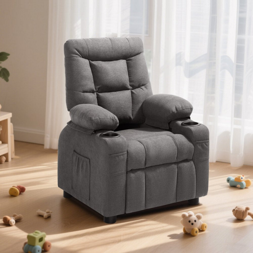 VEVOR Kids Reclining Chair, Toddler Recliner with Cup Holders and Pockets, 107° to 126° Adjustable Backrest, Breathable Polyester Fabric Recliner Couch with Footrest, for Boys & Girls, Children(Grey)