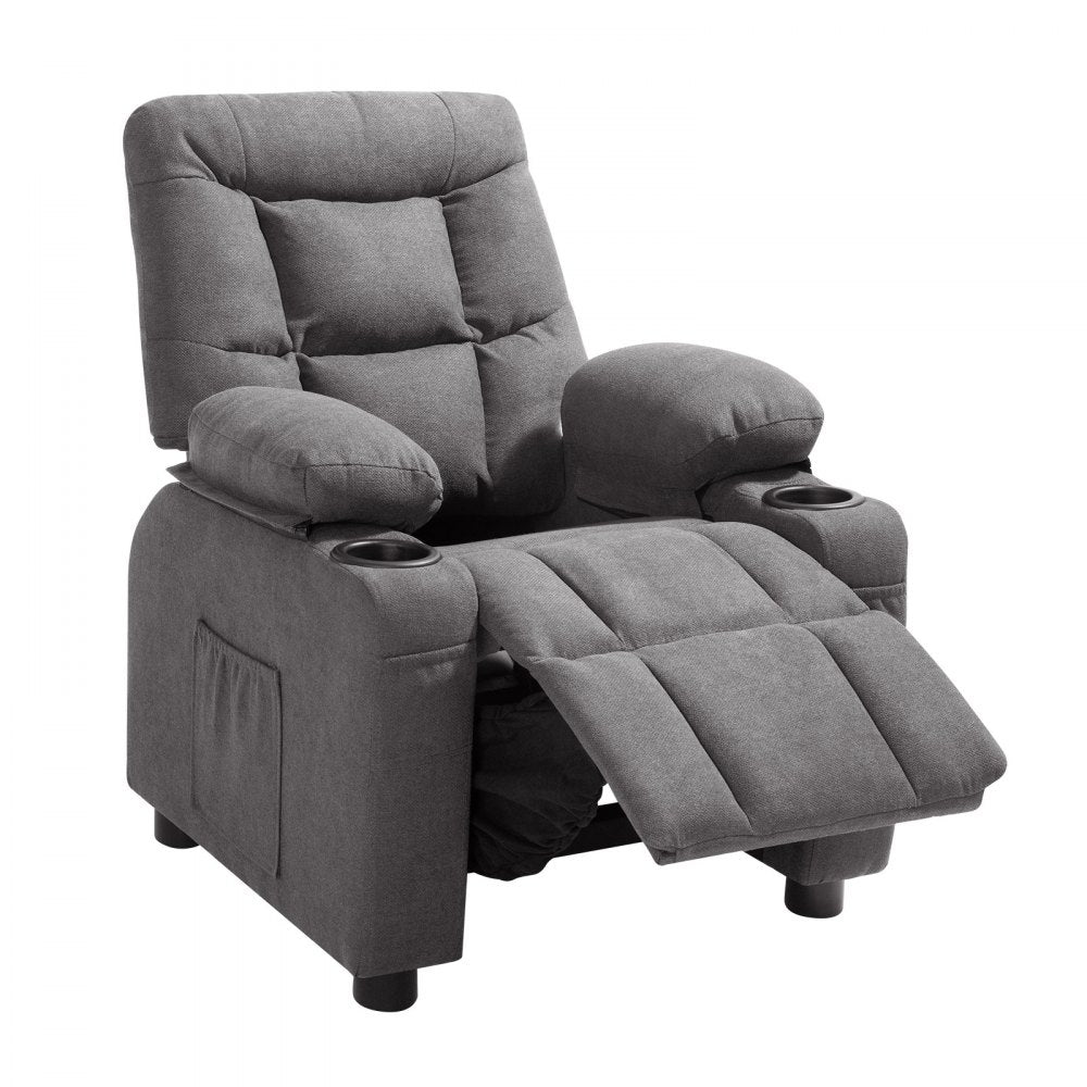 VEVOR Kids Reclining Chair, Toddler Recliner with Cup Holders and Pockets, 107° to 126° Adjustable Backrest, Breathable Polyester Fabric Recliner Couch with Footrest, for Boys & Girls, Children(Grey)