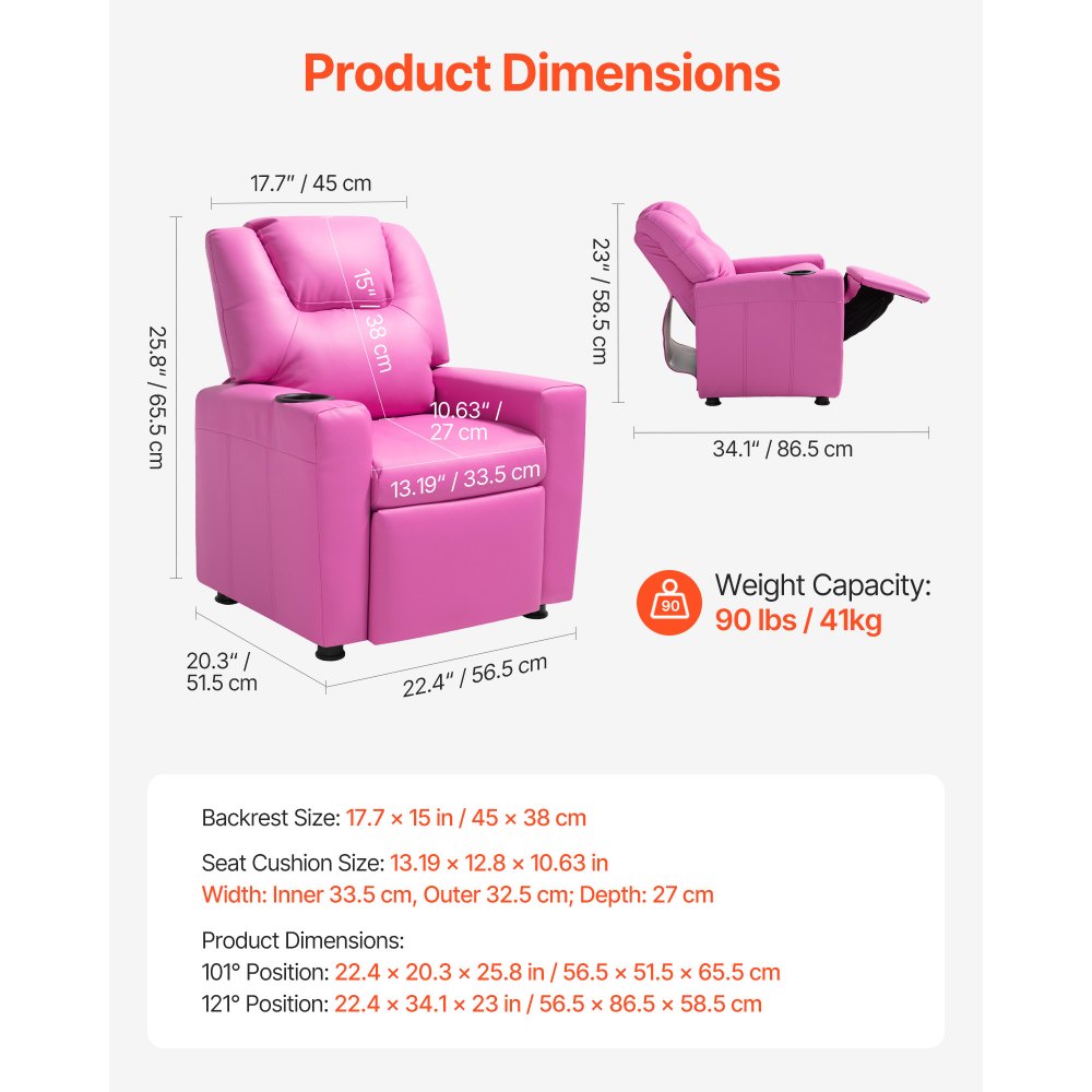 VEVOR Kids Reclining Chair, Toddler Recliner with Cup Holder, 101° to 121° Adjustable Backrest, Easy-to-Clean PU Leather Recliner Couch with Footrest, 90 lbs Load, for Boys & Girls, Children (Pink)
