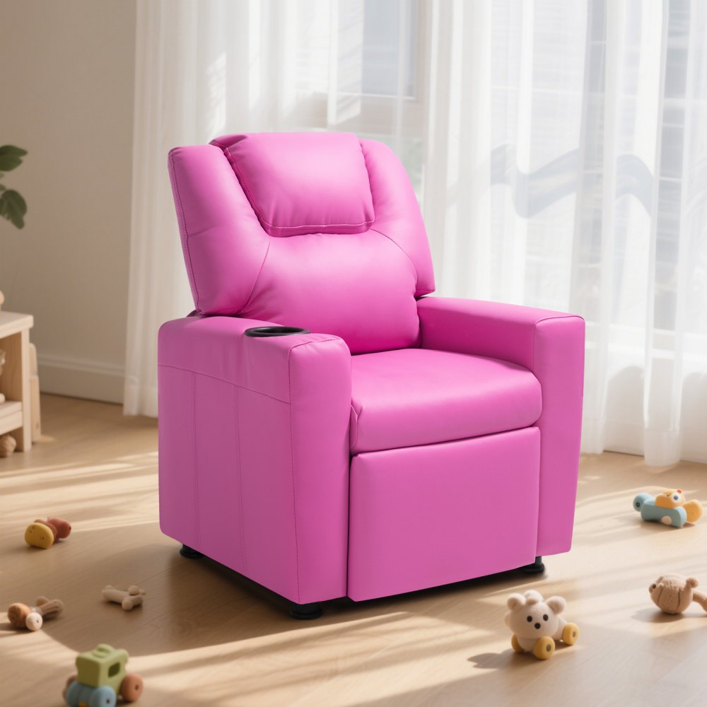 VEVOR Kids Reclining Chair, Toddler Recliner with Cup Holder, 101° to 121° Adjustable Backrest, Easy-to-Clean PU Leather Recliner Couch with Footrest, 90 lbs Load, for Boys & Girls, Children (Pink)