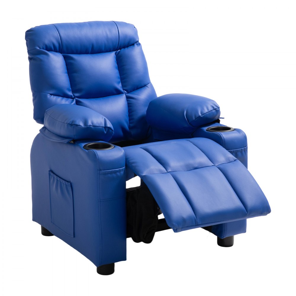VEVOR Kids Reclining Chair, Toddler Recliner with Cup Holders and Pockets, 107° to 126° Adjustable Backrest, Easy-to-Clean PU Leather Recliner Couch with Footrest, for Boys & Girls, Children (Blue)