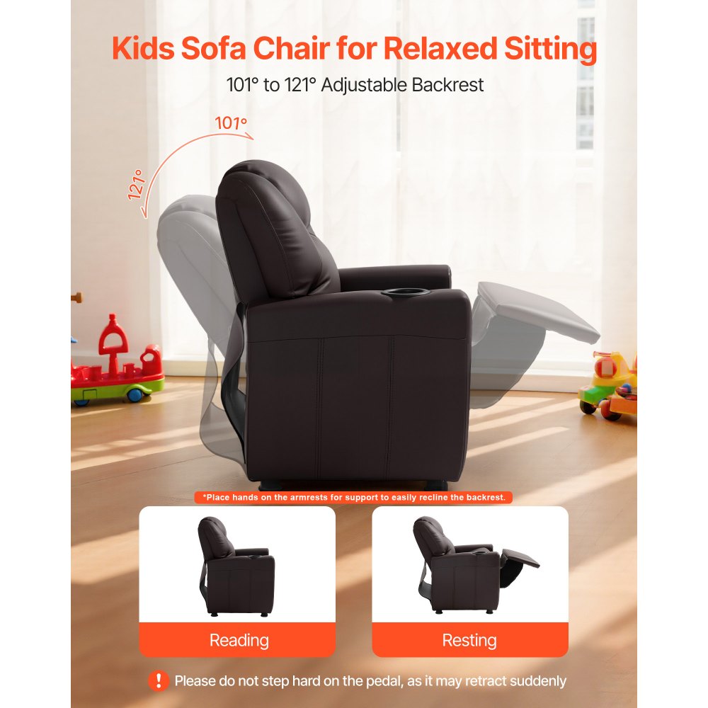 VEVOR Kids Reclining Chair, Toddler Recliner with Cup Holder, 101° to 121° Adjustable Backrest, Easy-to-Clean PU Leather Recliner Couch with Footrest, 90 lbs Load, for Boys & Girls, Children (Brown)