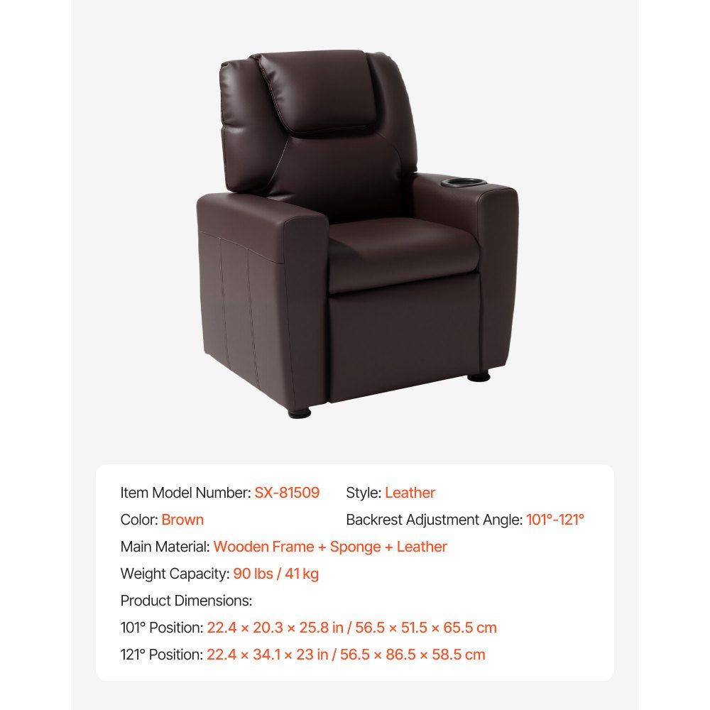 VEVOR Kids Reclining Chair, Toddler Recliner with Cup Holder, 101° to 121° Adjustable Backrest, Easy-to-Clean PU Leather Recliner Couch with Footrest, 90 lbs Load, for Boys & Girls, Children (Brown)