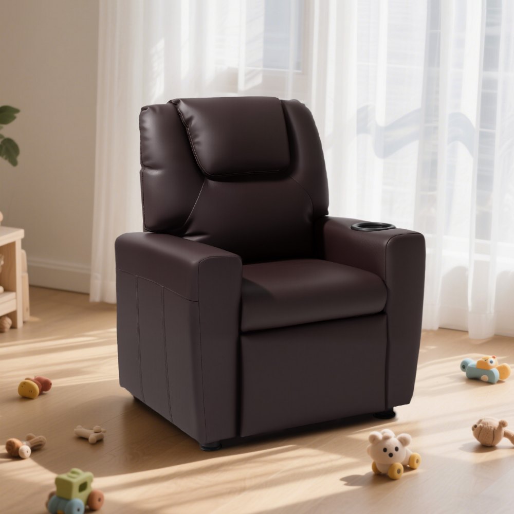 VEVOR Kids Reclining Chair, Toddler Recliner with Cup Holder, 101° to 121° Adjustable Backrest, Easy-to-Clean PU Leather Recliner Couch with Footrest, 90 lbs Load, for Boys & Girls, Children (Brown)
