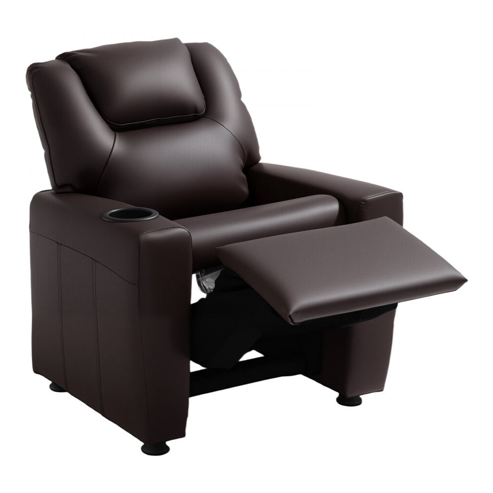 VEVOR Kids Reclining Chair, Toddler Recliner with Cup Holder, 101° to 121° Adjustable Backrest, Easy-to-Clean PU Leather Recliner Couch with Footrest, 90 lbs Load, for Boys & Girls, Children (Brown)
