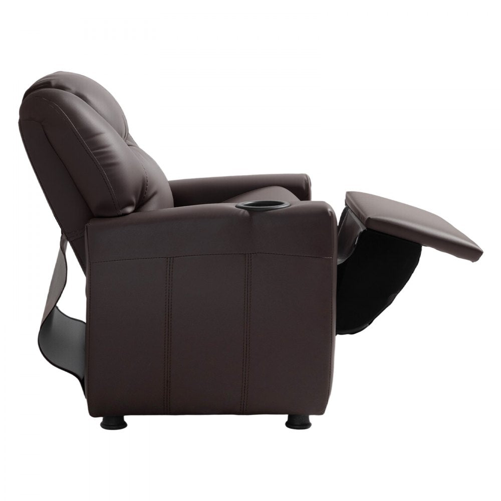 VEVOR Kids Reclining Chair, Toddler Recliner with Cup Holder, 101° to 121° Adjustable Backrest, Easy-to-Clean PU Leather Recliner Couch with Footrest, 90 lbs Load, for Boys & Girls, Children (Brown)