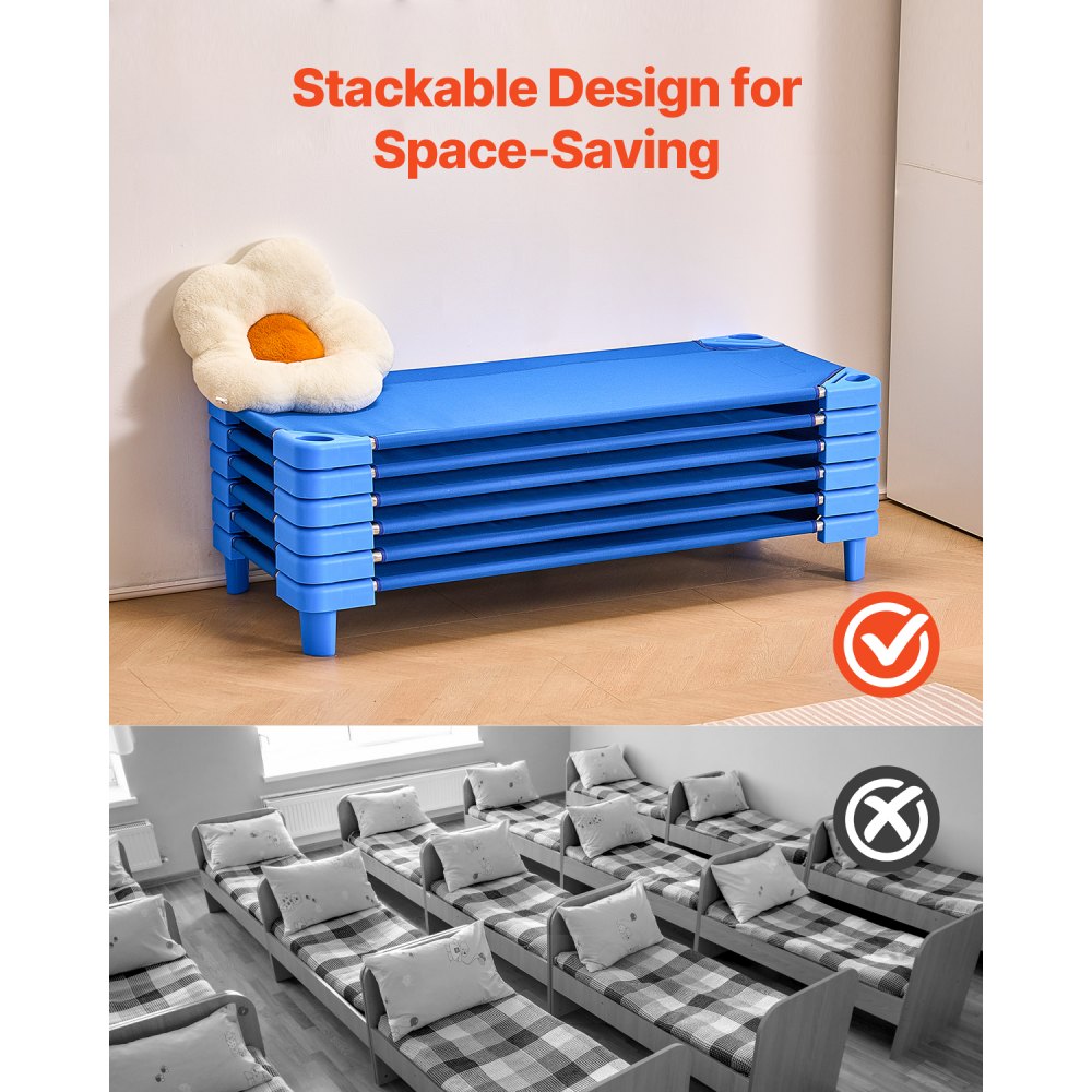 VEVOR Stackable Kiddie Cot, Pack of 6,  Portable Toddler Nap Cots, Standard Size 52" L x 23" W Daycare Cots for Kids, Preschool Classroom Daycare Beds for Sleeping, Resting, Naptime, Blue