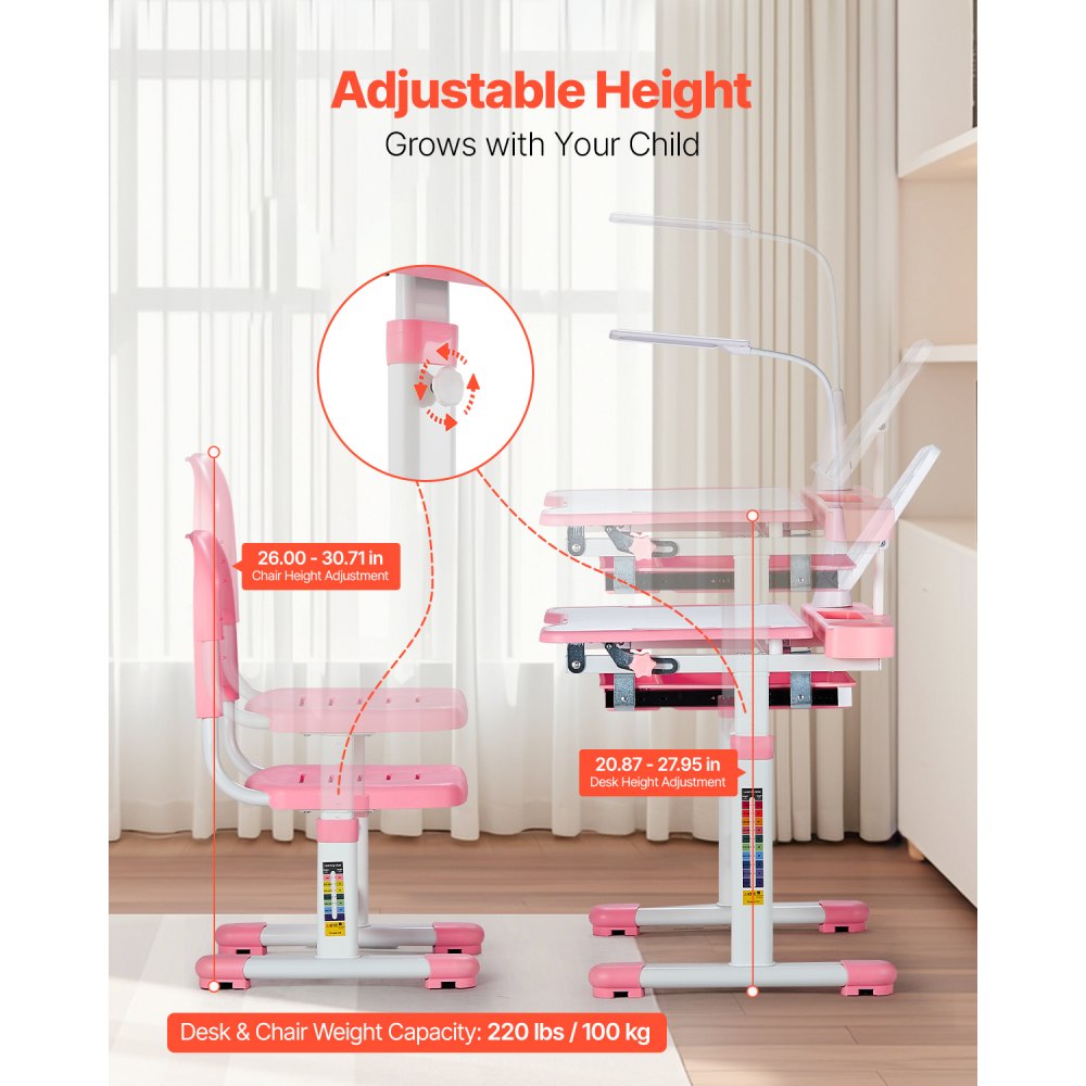 VEVOR Kids Study Chair and Desk Set, Study Desk and Chair for Kids with Table Lamp, Adjustable Height & 0-40° Tilted Desktop Kids Desk and Chair, Children Study Table for Bedroom & Study Room, Pink