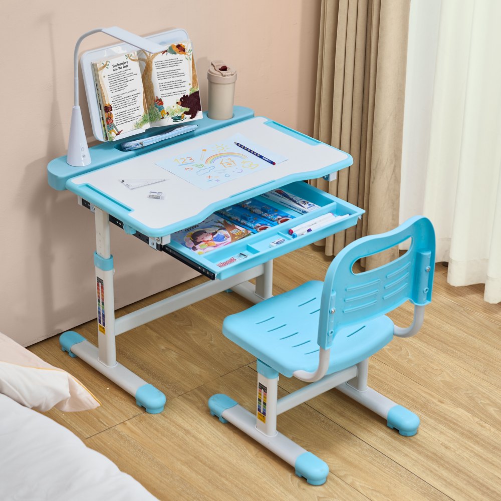VEVOR Kids Study Chair and Desk Set, Study Desk and Chair for Kids with Table Lamp, Adjustable Height & 0-40° Tilted Desktop Kids Desk and Chair, Children Study Table for Bedroom & Study Room, Blue