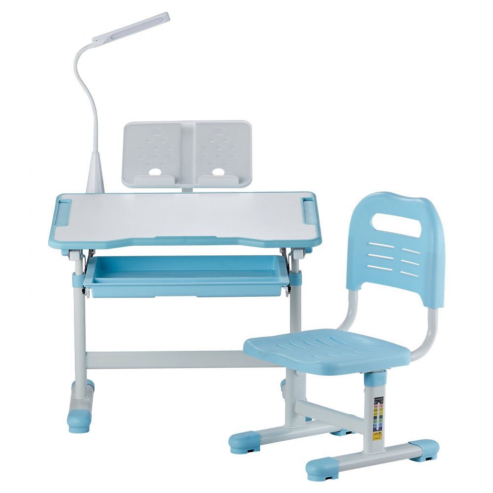 VEVOR Kids Study Chair and Desk Set, Study Desk and Chair for Kids with Table Lamp, Adjustable Height & 0-40° Tilted Desktop Kids Desk and Chair, Children Study Table for Bedroom & Study Room, Blue