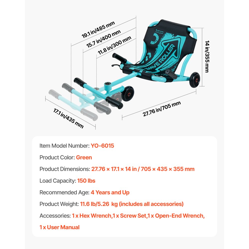 VEVOR Ride on Scooter 150 lbs Swing Side-to-Side for Amazing Riding Green, for Ages 4+, Powered by Zig-Zag Motion, Ride on Toy with 3 Adjustable Length, Hand Brake, for Hard Surface Indoor & Outdoor