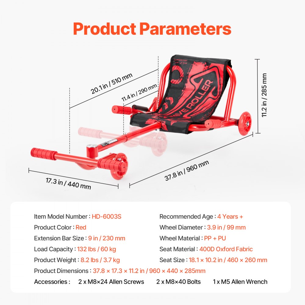 VEVOR Ride on Scooter, Load Capacity of 132 lbs, Swing Side-to-Side for Amazing Ride Powered by Zig-Zag Motion, Ride on Drifting Toy for Ages 4+, Rides on Any Hard Surface for Indoor & Outdoor, Red
