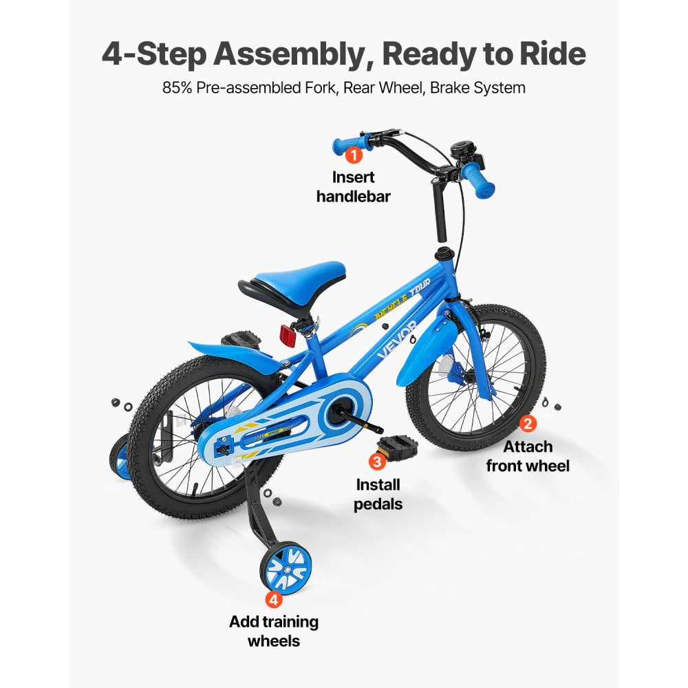 VEVOR Kids Bike, 14 Inches BMX Style Children Bicycle, Rider Height 2.95 ft - 3.77 ft, Training Wheels Included, Sturdy and Easy to Assemble, Toddler Bike for Boys & Girls Learning to Ride, Blue