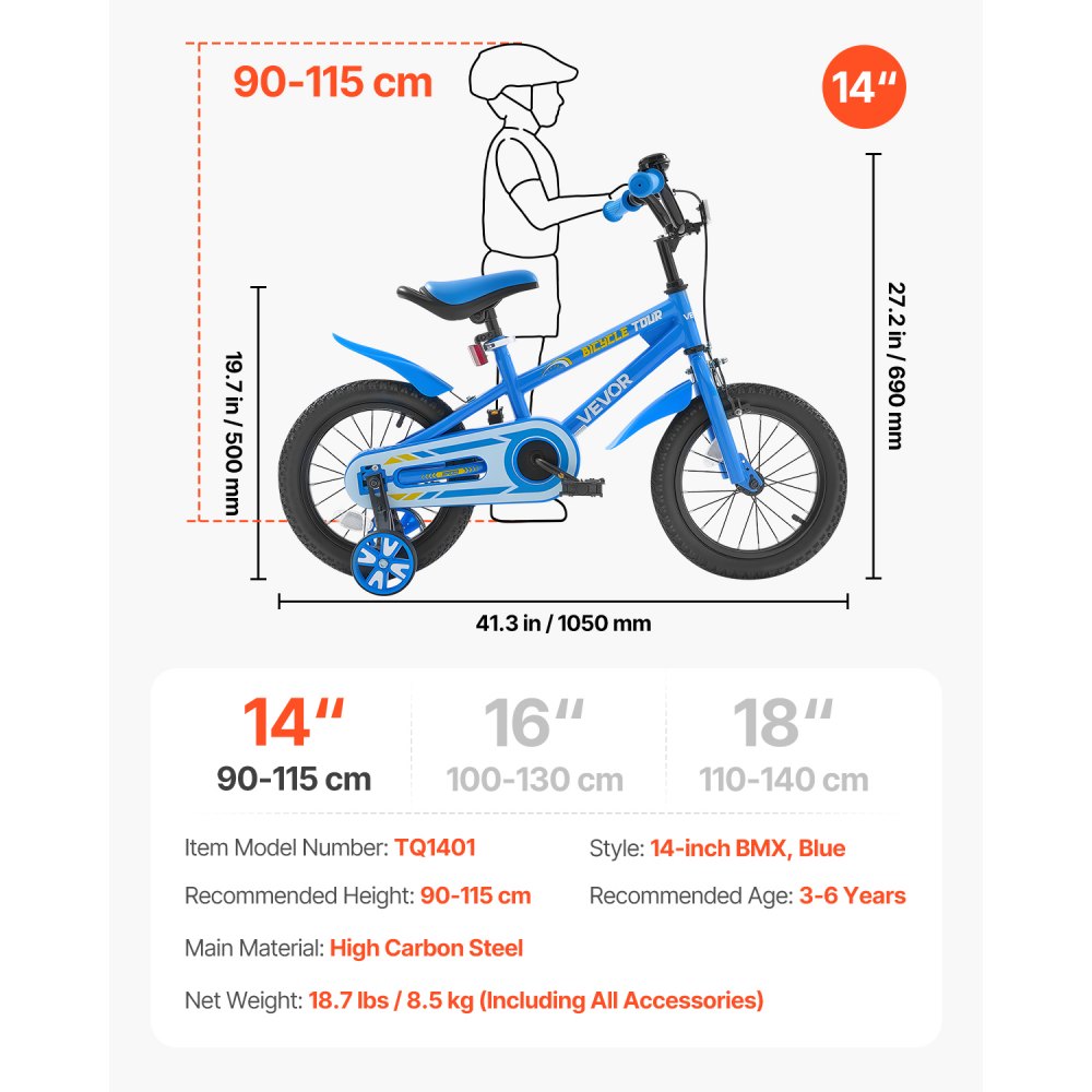 VEVOR Kids Bike, 14 Inches BMX Style Children Bicycle, Rider Height 2.95 ft - 3.77 ft, Training Wheels Included, Sturdy and Easy to Assemble, Toddler Bike for Boys & Girls Learning to Ride, Blue