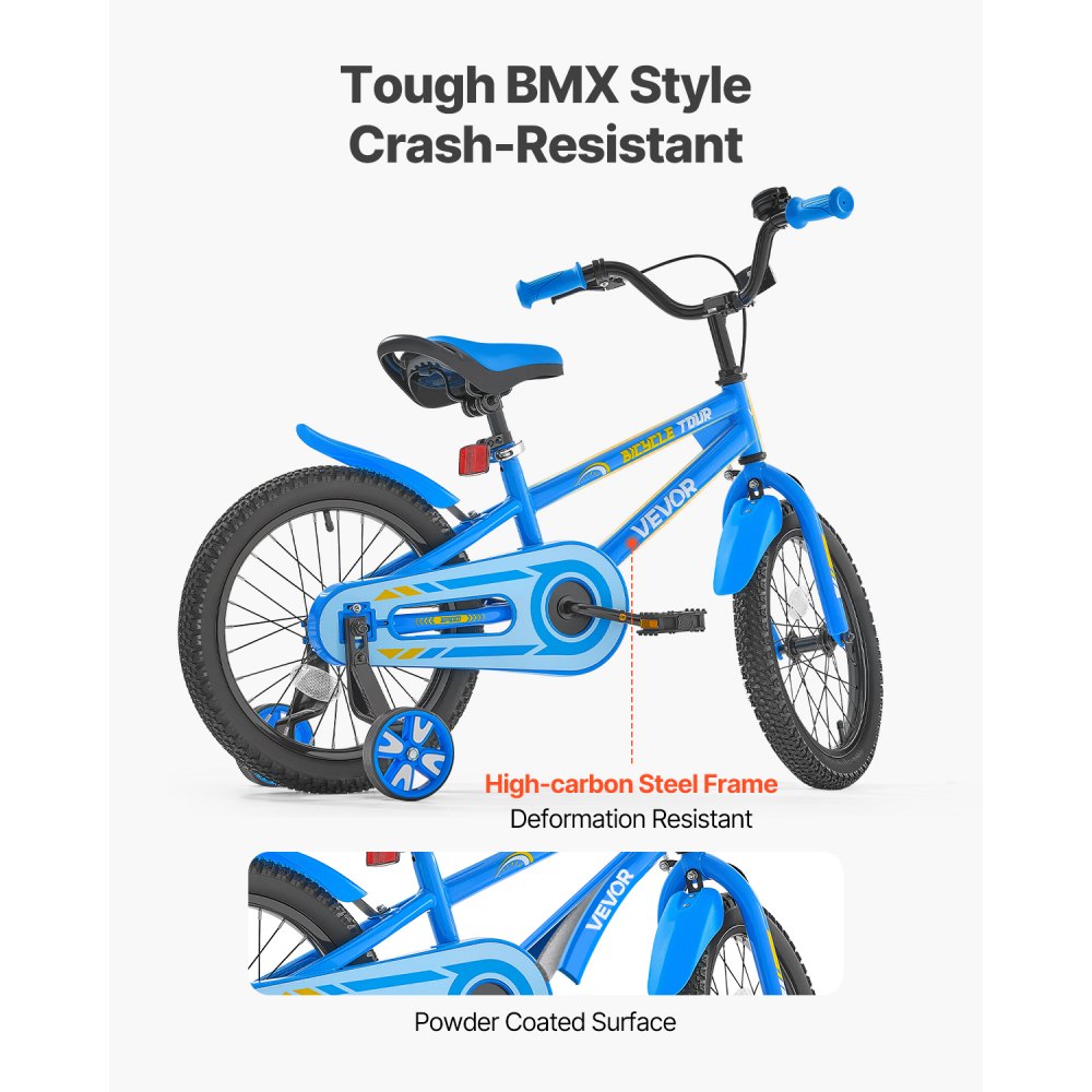 VEVOR Kids Bike, 16 Inches BMX Style Children Bicycle, Rider Height 3.28 ft - 4.27 ft, Training Wheels Included, Sturdy and Easy to Assemble, Toddler Bike for Boys & Girls Learning to Ride, Blue