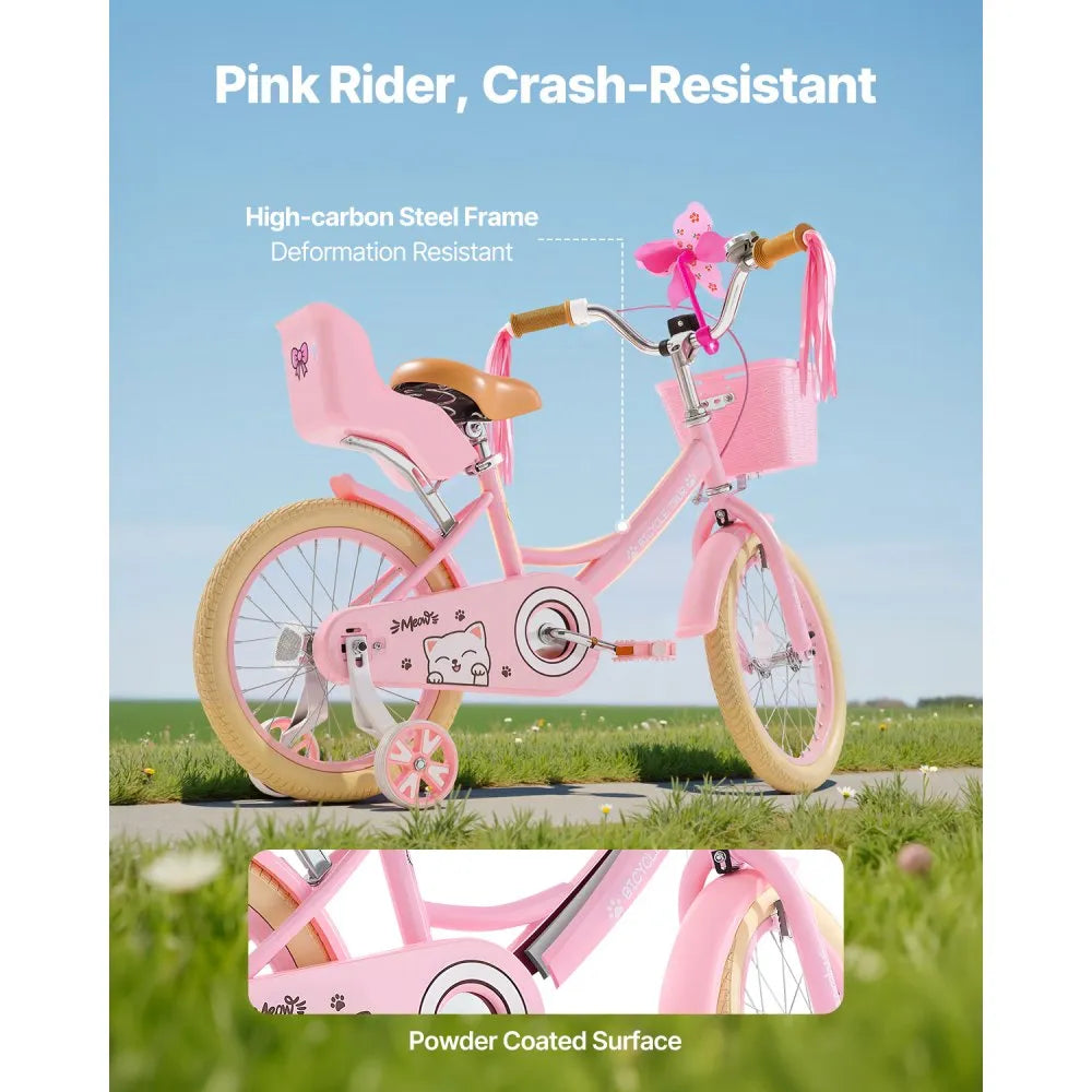 VEVOR Kids Bike, 16 Inches Princess Style Children Bicycle with Streamers & Basket, Rider Height 3.28 ft - 4.27 ft, Doll Seat & Training Wheels Included, Toddler Bike for Girls Learning to Ride, Pink